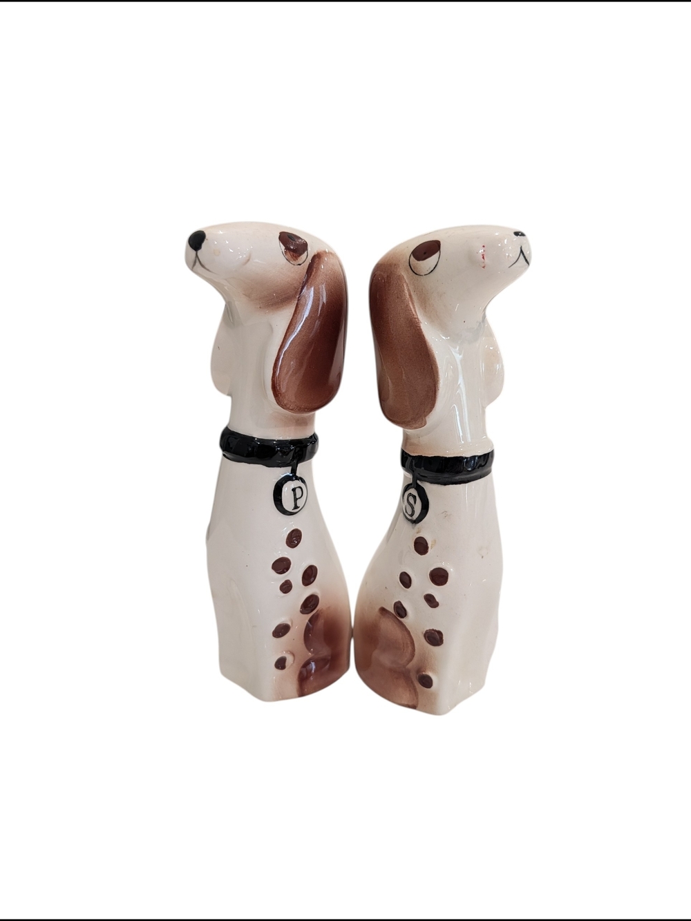 Vintage Anthropomorphic Dog Salt Pepper Shakers Ceramic 6" Spotted Hound S&P